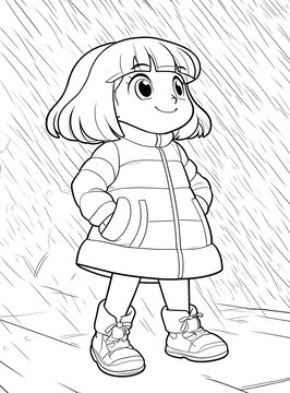 穿著冬裝的卡通女孩站在雪地里