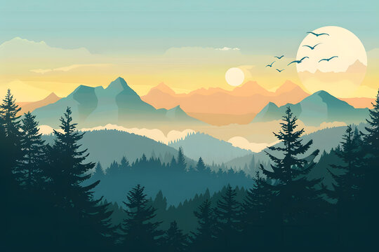 夕陽下飛翔的鳥兒和山脈風(fēng)景