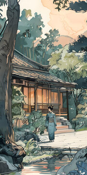身著和服的女性在日本花園的