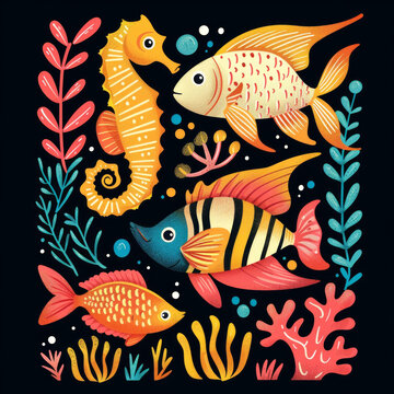 五彩繽紛的海馬和熱帶魚插圖