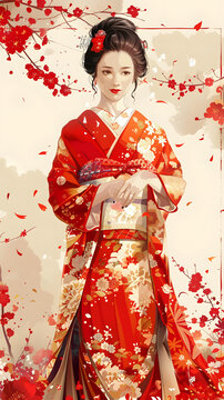 身穿紅色和服的美麗日本女子站在櫻花樹下