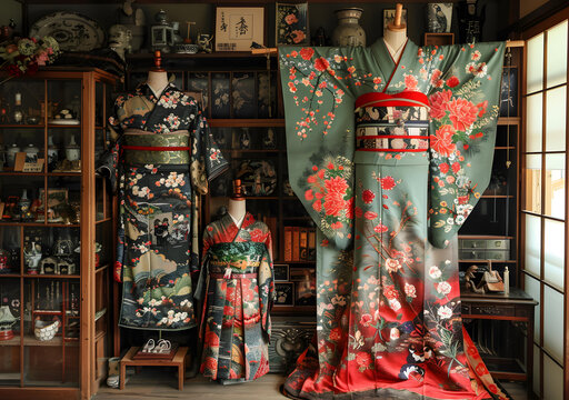 三個(gè)帶花卉圖案的日本傳統(tǒng)和服在一個(gè)房間里展出