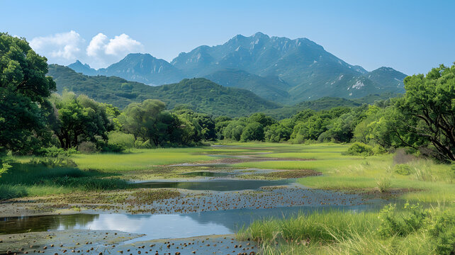山間湖泊，碧水綠草，美景如畫