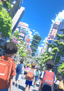 城市街道上的動漫，一群人走在街道上，中間是一座巨大的綠色塔樓