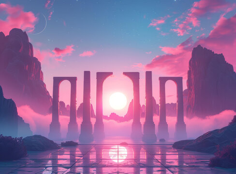粉紅天空下的古代遺跡