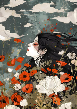 黑發(fā)女子與紅色虞美人花田