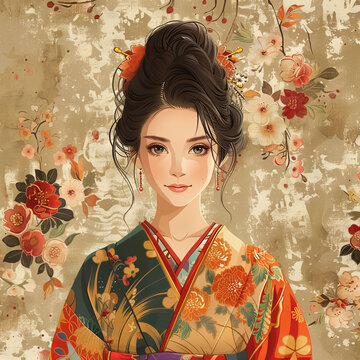 身穿印有花卉圖案和服、佩戴櫻花發(fā)簪的日本女性