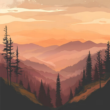 日落時分松樹剪影的群山景觀