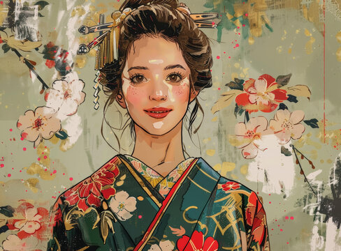 身穿傳統(tǒng)和服的日本女性畫像，背景為花卉圖案