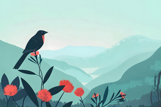 山間風(fēng)景鳥和花卉