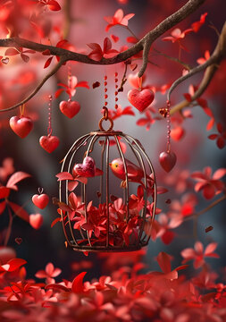 兩只鳥(niǎo)在籠子里，周?chē)屑t花和紅心