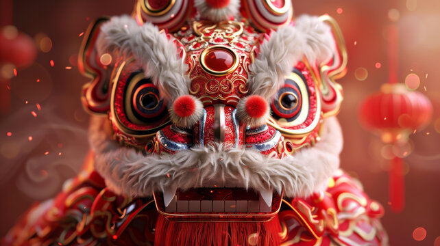 舞獅頭背景有紅色燈籠
