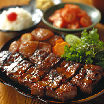 烤豬排配米飯和蔬菜