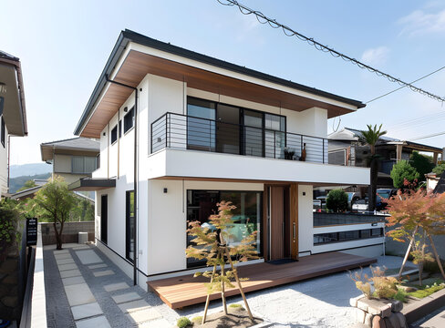 現(xiàn)代白色兩層房屋帶木質(zhì)平臺(tái)
