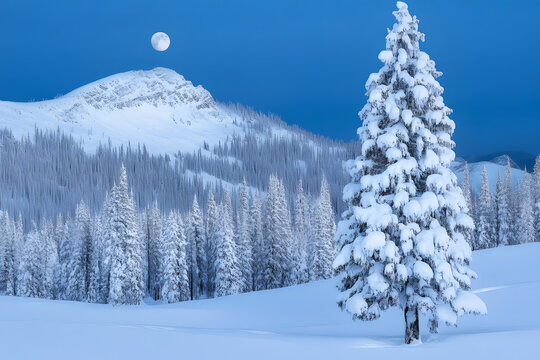 雪山月夜松樹風景