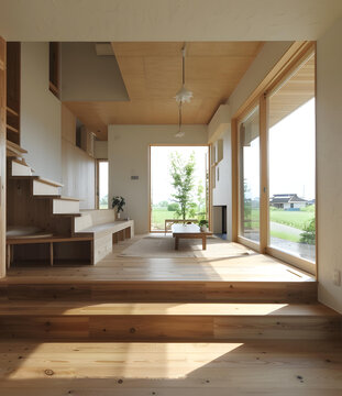 現(xiàn)代簡約木質(zhì)房屋室內(nèi)設計，開放式平面圖，自然采光