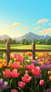 郁金香花海與遠山