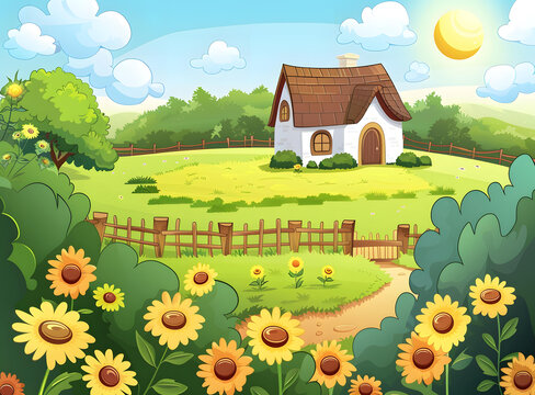 陽光明媚的草地上卡通小屋
