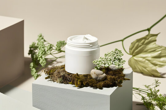 白色乳霜罐，苔蘚表面，植物