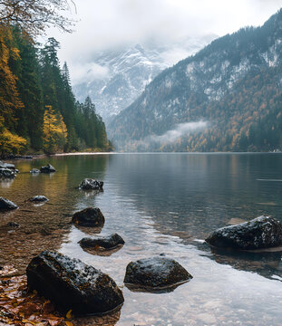 霧氣彌漫的山湖景色