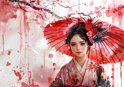 一個(gè)身穿紅色和服、手持紅色雨傘的美麗日本女子站在櫻花樹下。