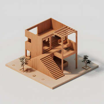 木質(zhì)房屋樓梯和樹木的3D
