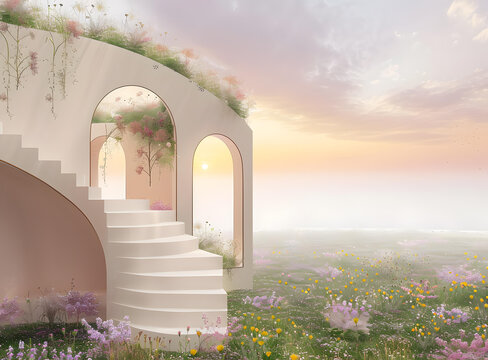 夢(mèng)幻般的抽象建筑，帶樓梯和鮮花