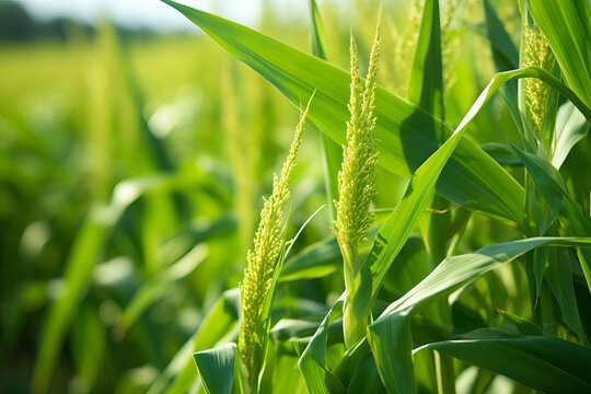郁郁蔥蔥的玉米地里玉米植株和葉子翠綠欲滴