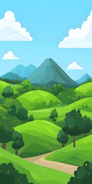 卡通綠色山丘風(fēng)景與山脈背景