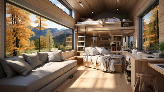 森林深處的現(xiàn)代溫馨小屋可欣賞山景與秋色