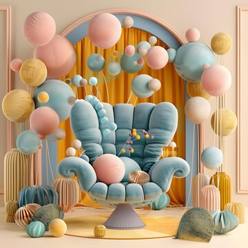 藍色椅子和彩色氣球的抽象 3D 