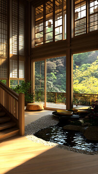 日式風格住宅室內(nèi)設計，木質(zhì)樓梯和花園景觀