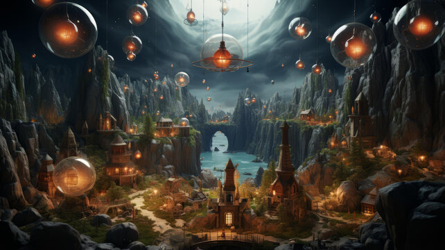 山谷中的奇幻村莊河上漂浮著發(fā)光的氣泡