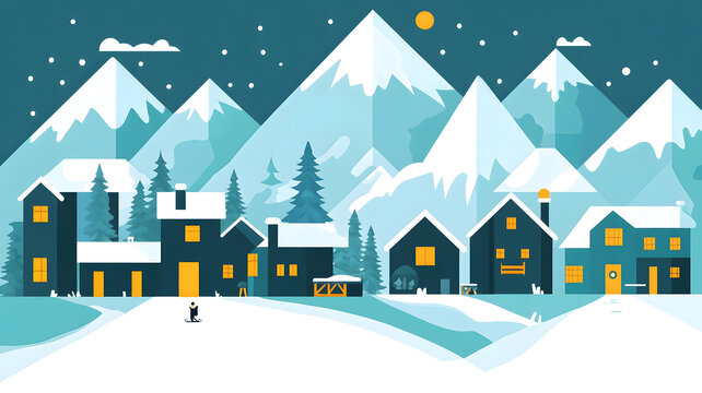 冬季雪山村莊景觀與滑雪人物