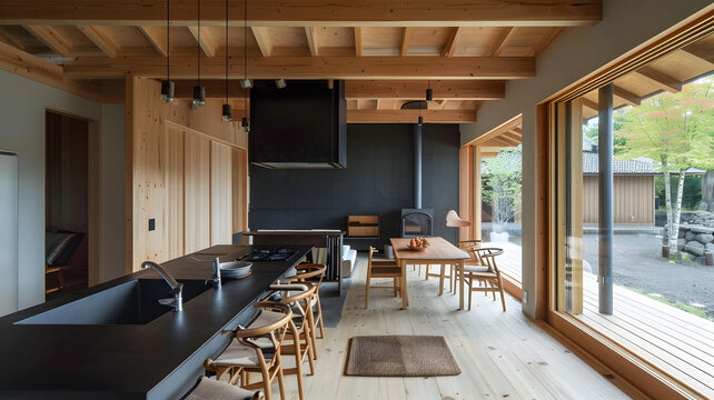 現(xiàn)代日式風格廚房和餐廳，木梁和大型窗戶