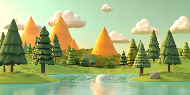 低多邊形風(fēng)格 3D 森林與山脈