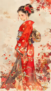 身著傳統(tǒng)和服的日本女性，背景是秋葉