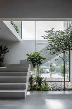 現(xiàn)代簡約室內(nèi)設(shè)計(jì)，水泥樓梯與室內(nèi)花園
