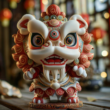 一只可愛的舞獅卡通形象身披紅金裝飾
