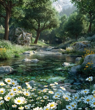詩(shī)意盎然的山間溪流與雛菊