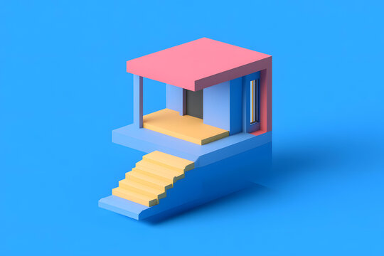 粉紅色屋頂和黃色臺階的極簡主義3D房屋