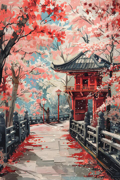 日本紅頂八角亭和櫻花樹(shù)