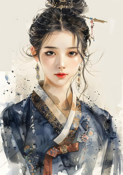 一個(gè)穿著韓國(guó)傳統(tǒng)服飾的美麗女人的插圖
