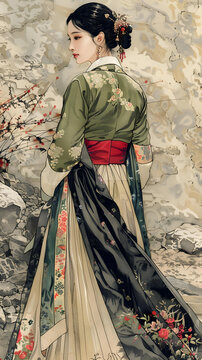 身穿朝鮮傳統(tǒng)服飾的女子圖