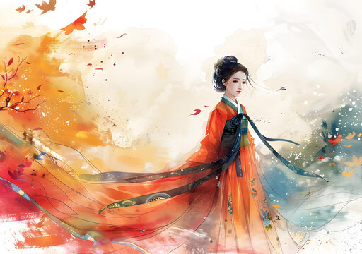 身穿紅色漢服的女子