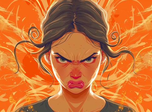 一個(gè)棕色頭發(fā)的憤怒女人的插圖，背景為橙色