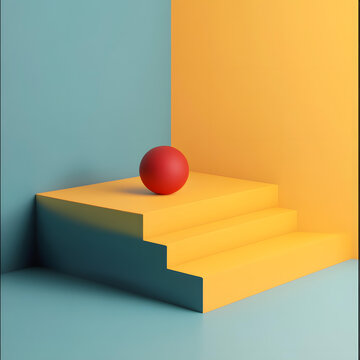 黃色階梯上紅色的球體，極簡(jiǎn)主義3D渲染