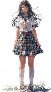 一個穿著夏季校服的日本女學(xué)生，留著長長的棕色頭發(fā)