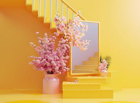 黃色簡(jiǎn)約室內(nèi)設(shè)計(jì)與粉色花卉