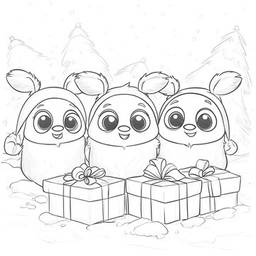 三只可愛圣誕動(dòng)物拿著禮物